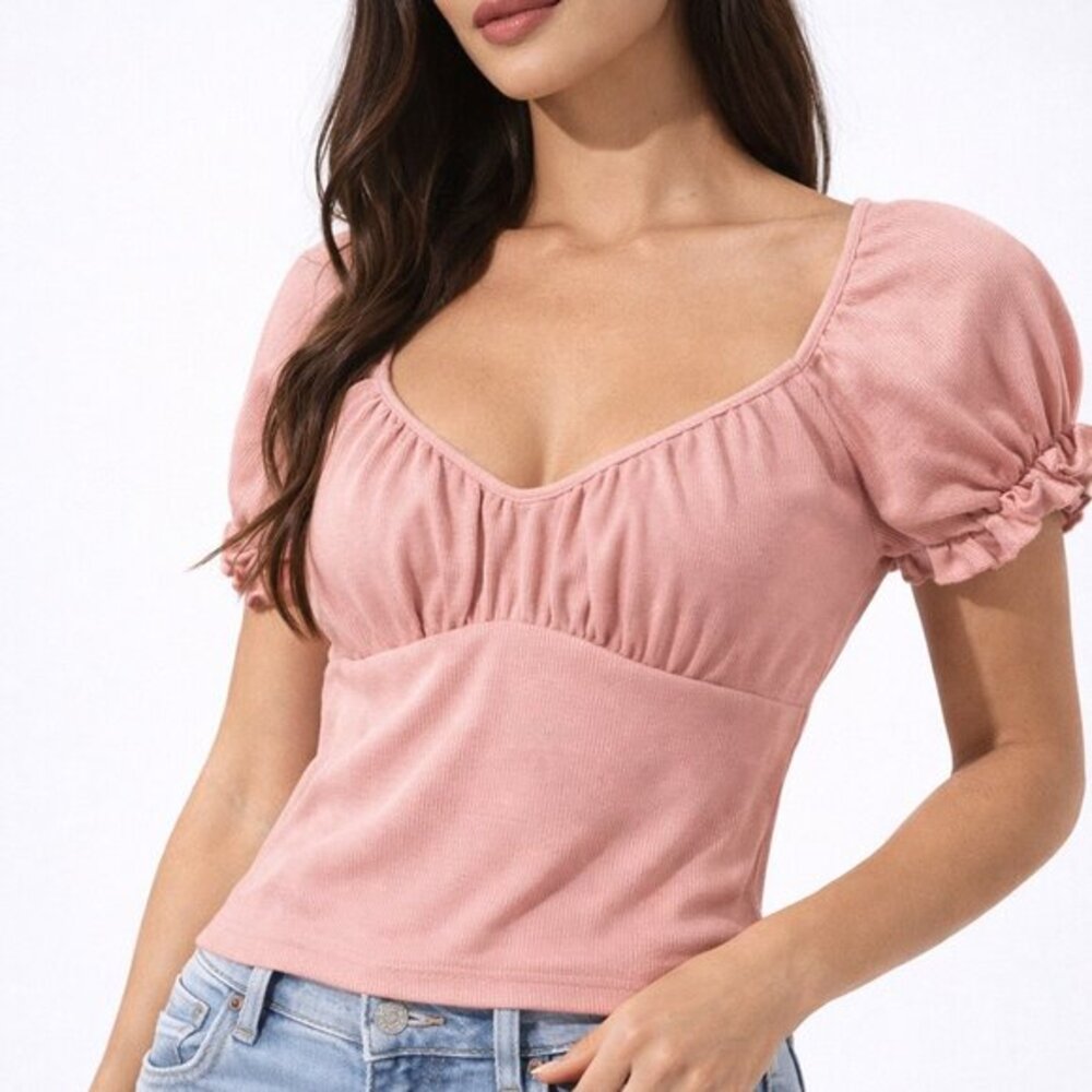 Alter’d State Dusty Pink Puff Sleeve Ribbed Top XS NWOT Coquette